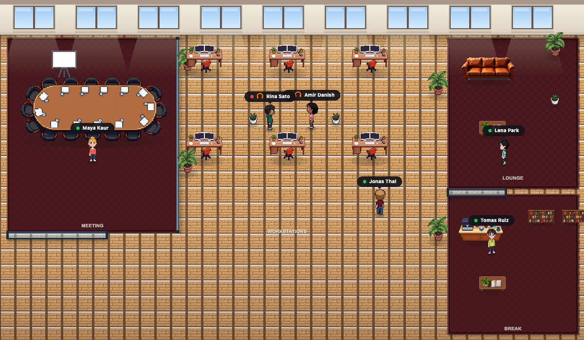 The Virtual Office in Virtual Hirix: a top-down pixel-art office with a meeting room, six workstations, a lounge and a break area. Six teammates stand at desks; two of them, Rina and Amir, are in a proximity video call.